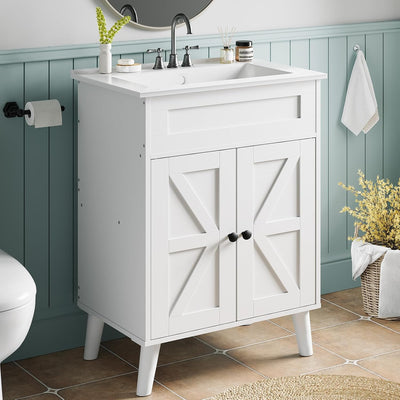 HOOBRO 24.2-Inch Bathroom Vanity with Ceramic Sink, Farmhouse Bathroom Cabinet with 2 Doors, White