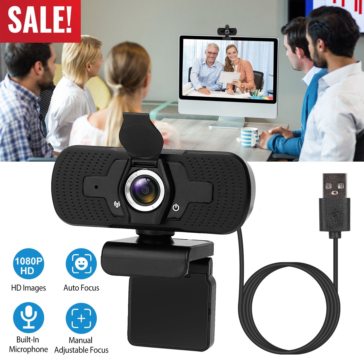 FHD 1080P USB Webcam w/ Microphone Privacy Cover Rotatable Clip Streaming USB Camera Plug And Play For PC Video Conferencing Gaming Facetime Broadcast