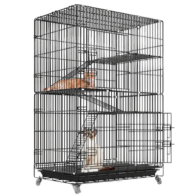 4 Tiers Cat Cage Rolling Metal Cat Playpen Enclosures Cat Kennel House Ferret Crate with 360° Lockable Wheels 3 Doors 3 Ladders Hammock 