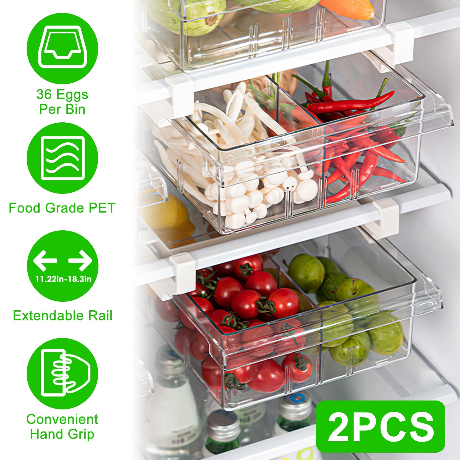 2Pcs Refrigerator Egg Drawer 36 Egg Capacity Snap On Hanging Storage Tray Space Saving Pull Out Egg Container Organizer 