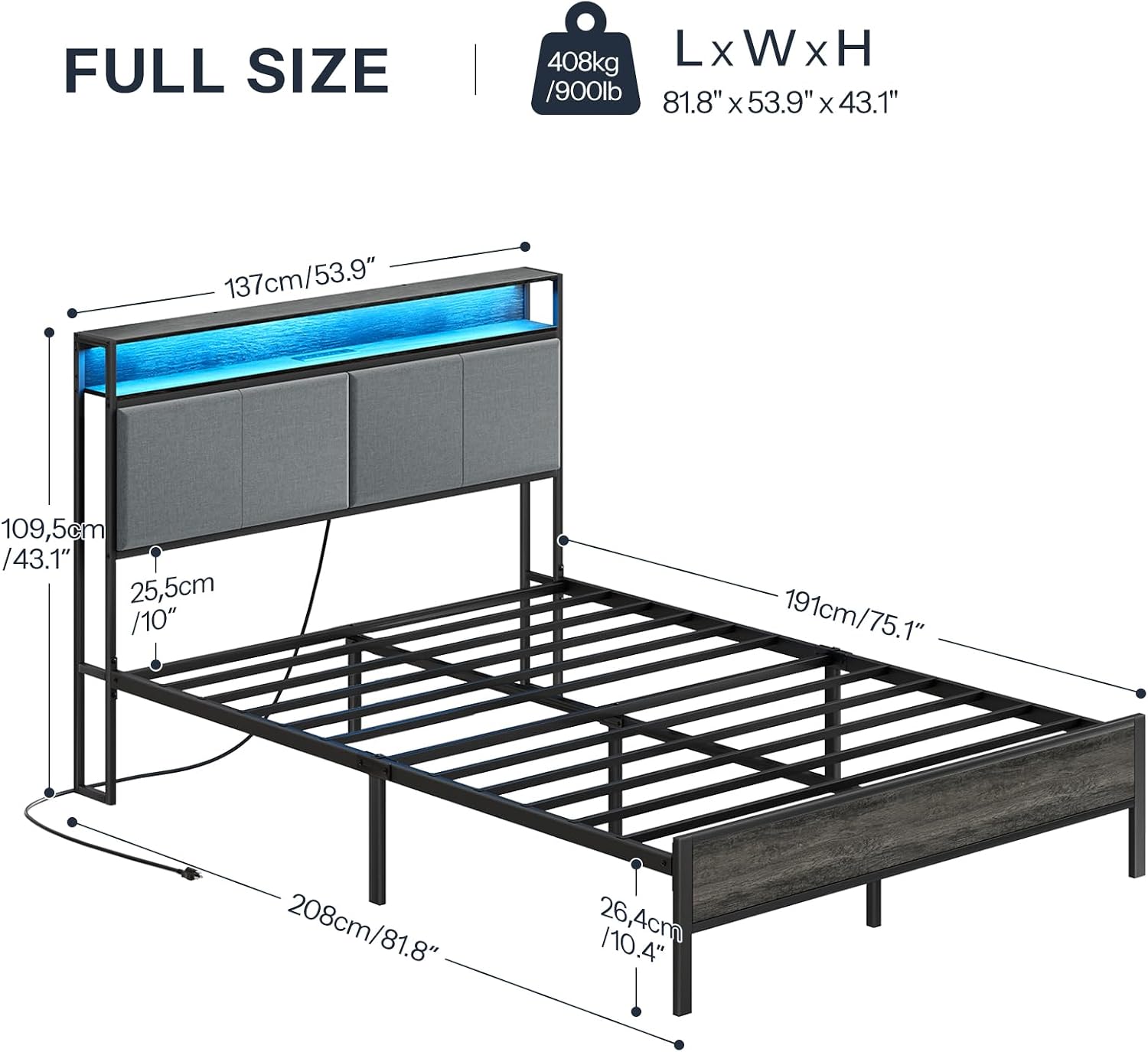 HOOBRO Full Size Bed Frame with Storage Headboard, Charging Station & 16-Color LED Lights, Charcoal Gray