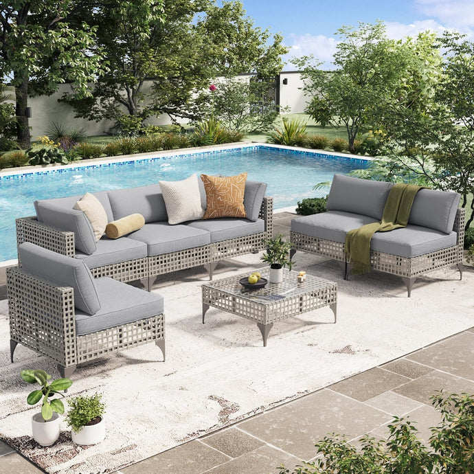 AECOJOY 7-Piece Boho Patio Sectional Set (Grey & Light Grey)