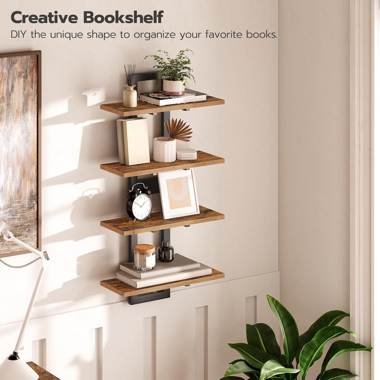 HOOBRO Floating Shelves Set of 2, 2-Tier Wall Mounted Storage Shelves, Rustic Brown & Black