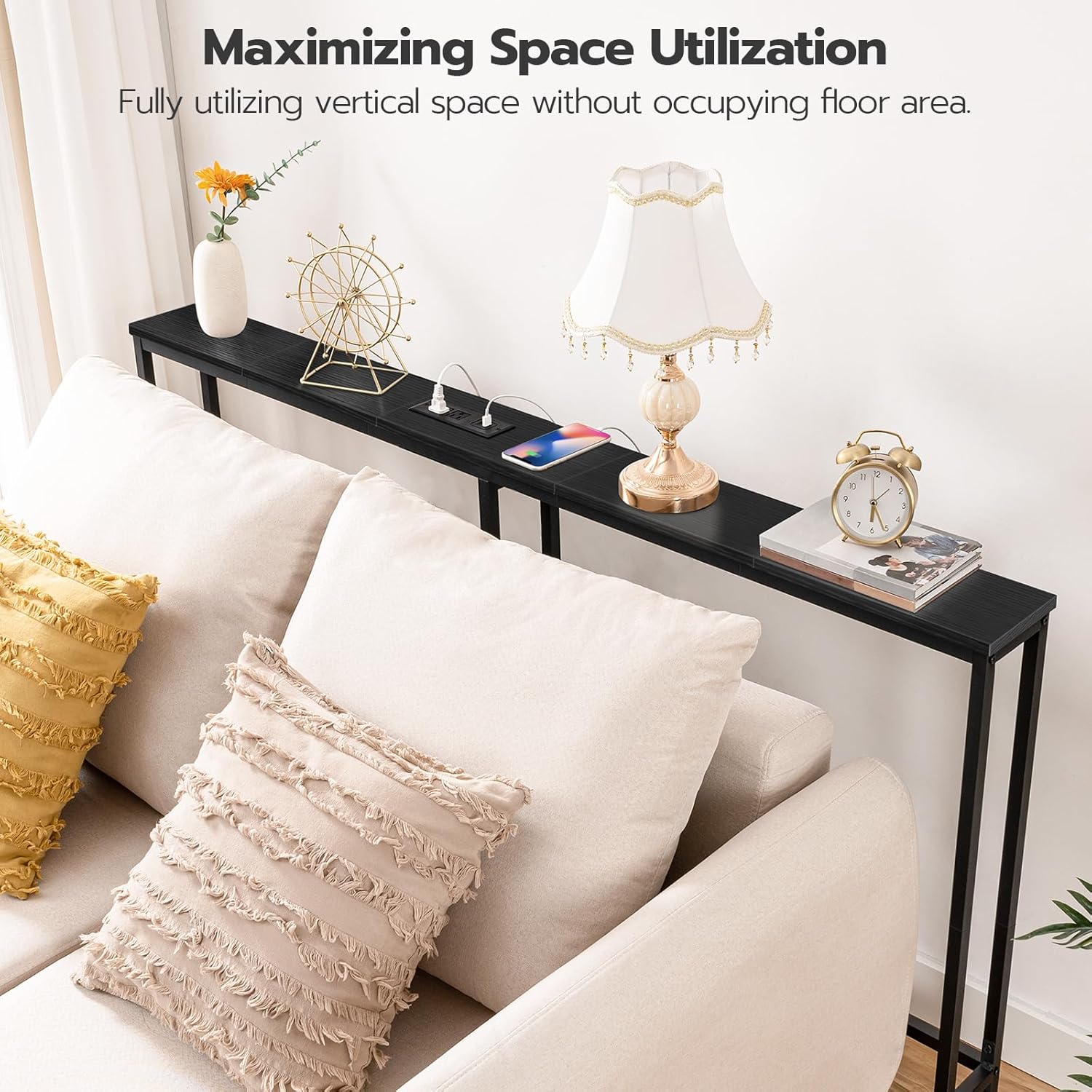 HOOBRO 63" Skinny Console Table with Charging Station, Power Outlets, USB & Type-C Ports, Black BB165UXG01G1