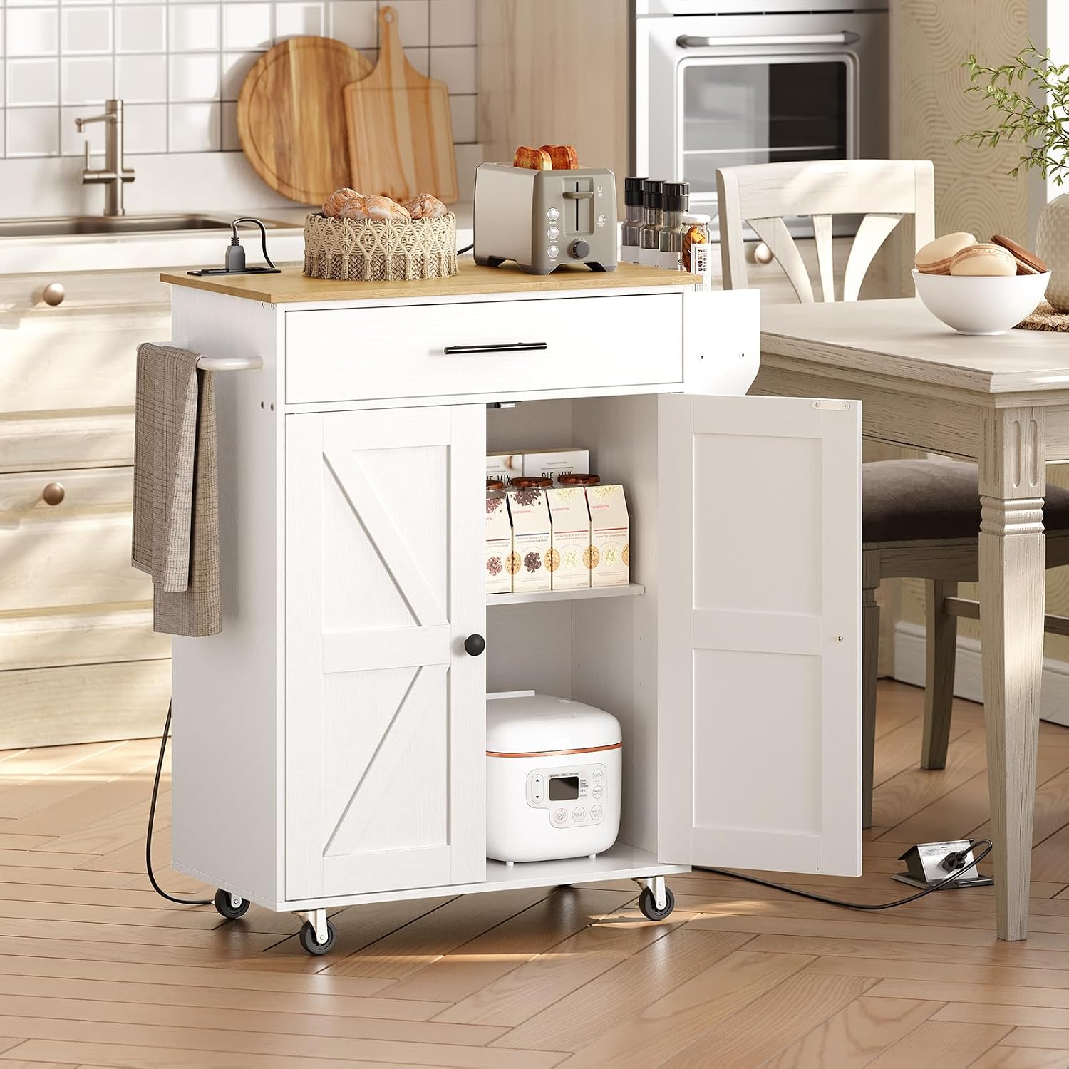 HOOBRO Kitchen Island Cart with Power Outlet, Storage Cabinet, Drawer & Spice Rack, Rolling Kitchen Cart, White & Natural
