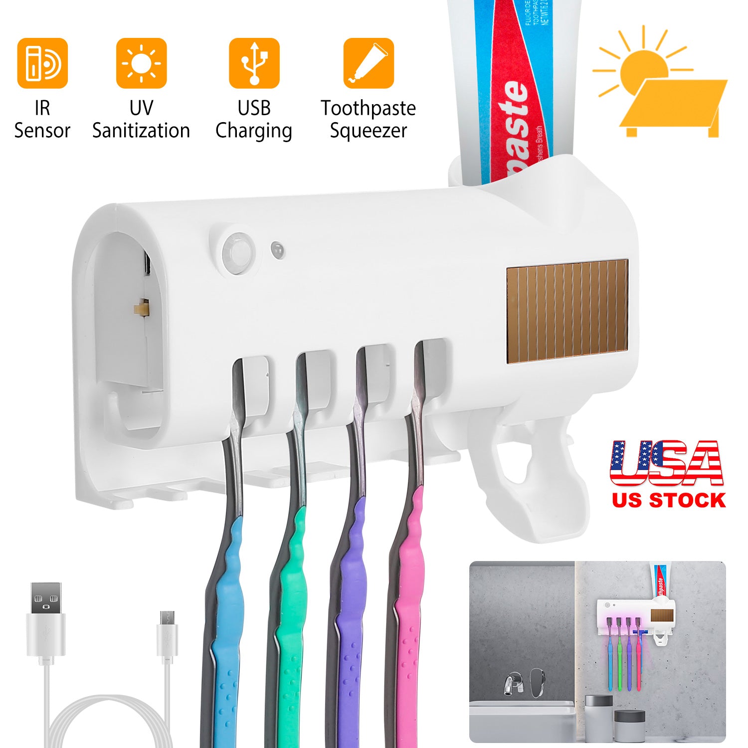 Wall Mounted Toothbrush Sanitizer Holder IR Induction UV Sanitization Rack with 4 Slots Toothpaste Dispenser for Bathroom