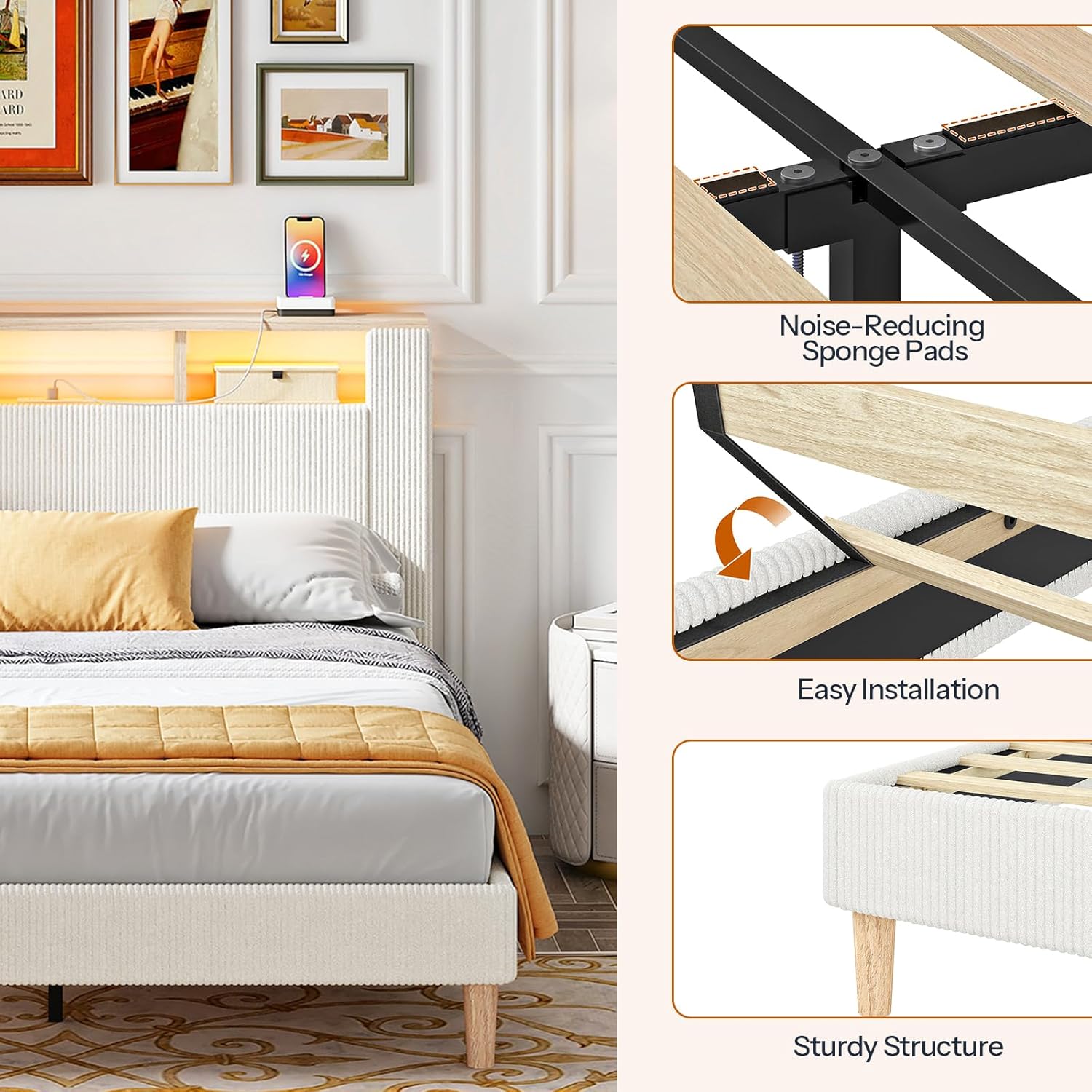 HOOBRO Full Bed Frame with Charging Station, LED Lights & Storage Headboard, Upholstered Corduroy Platform Bed, Beige