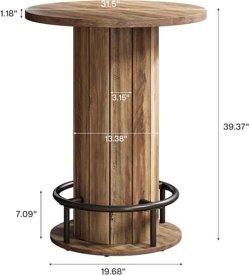 31.5" Round Bar Table with Footrest, Farmhouse Bistro Pub Table with Fence-Style Base & Rustic Brown Wood Finish
