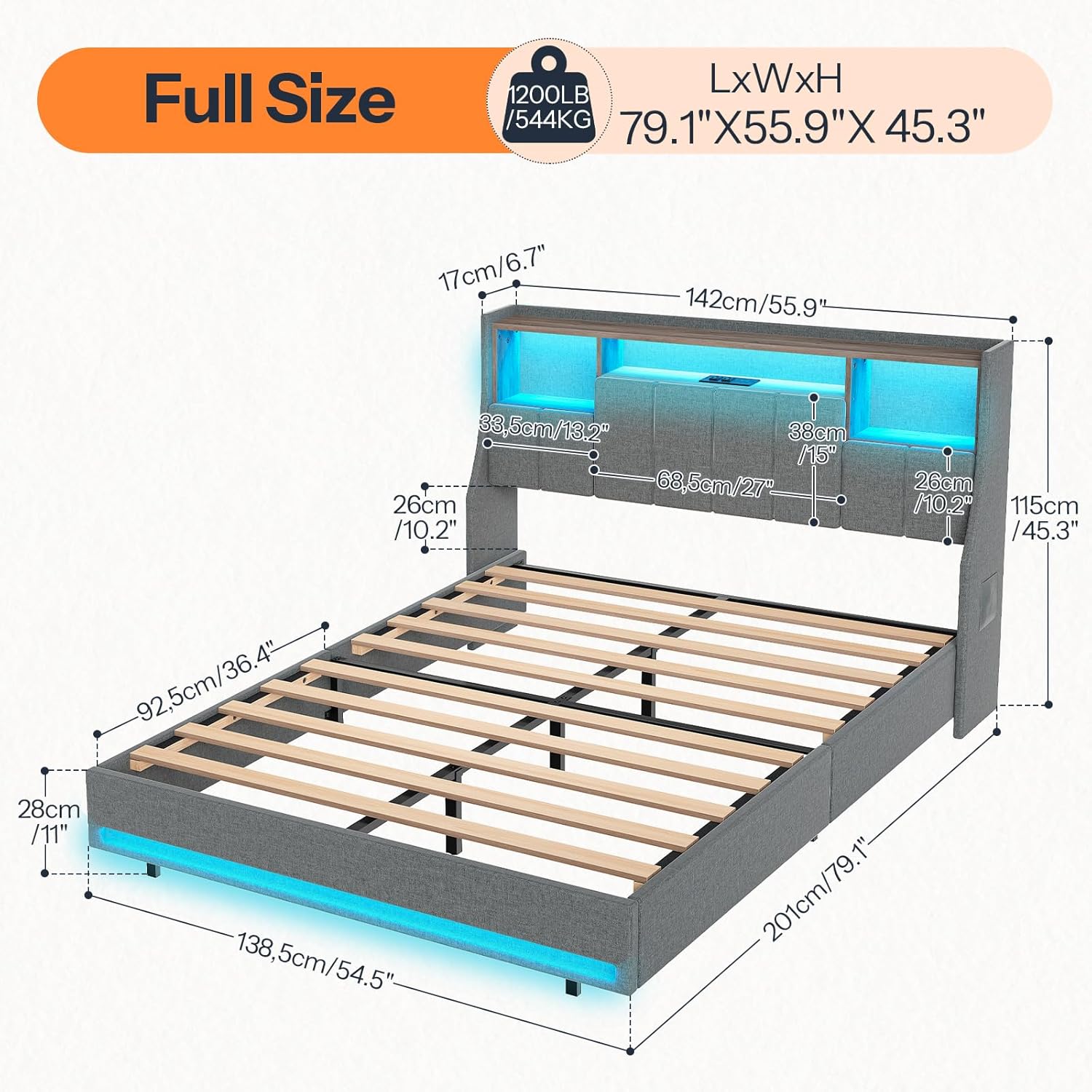 HOOBRO Full Size Upholstered Bed Frame with Storage Headboard, LED Lights & Charging Station, Gray