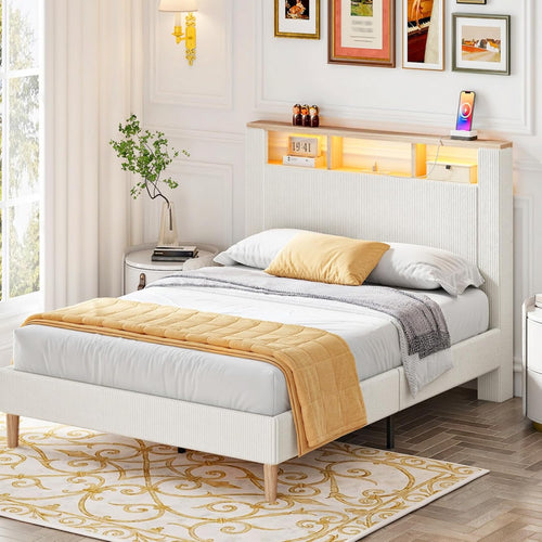 HOOBRO Full Bed Frame with Charging Station, LED Lights & Storage Headboard, Upholstered Corduroy Platform Bed, Beige