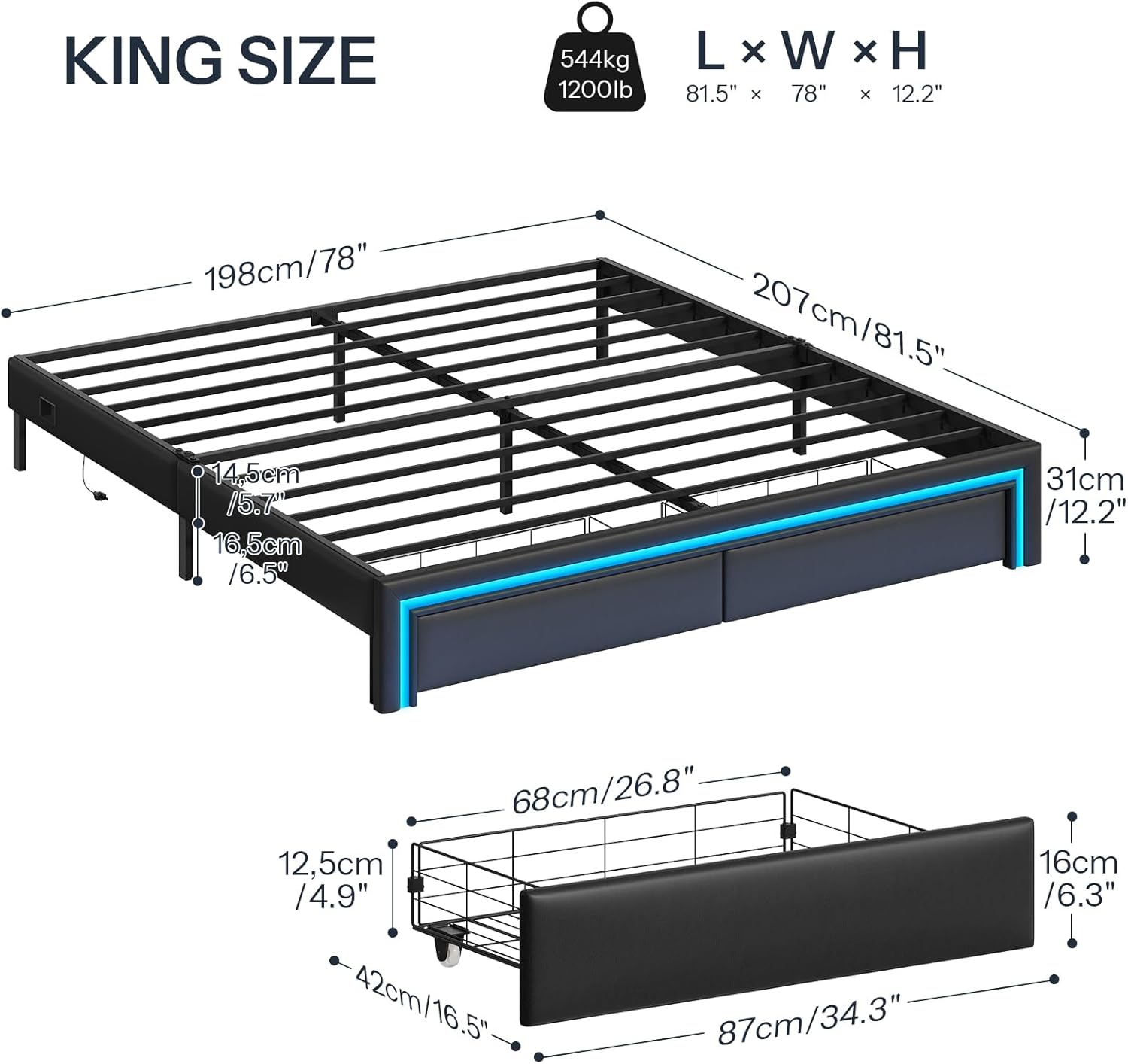 HOOBRO King Size Upholstered Metal Bed Frame with LED Light Strip, Charging Station & 2 Storage Drawers, Black BB42UDBF01