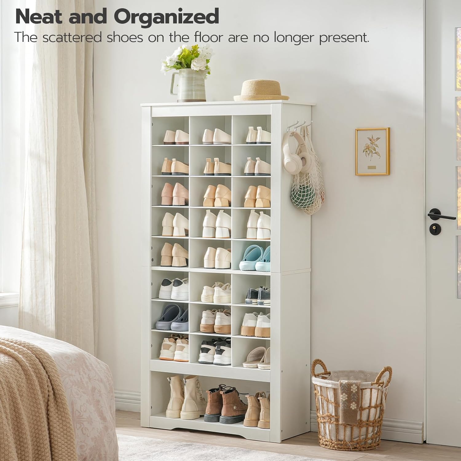 HOOBRO 9-Tier Tall Shoe Cabinet with 24 Cubbies & 3 Hooks, Freestanding Shoe Storage Organizer, White WT24SC01