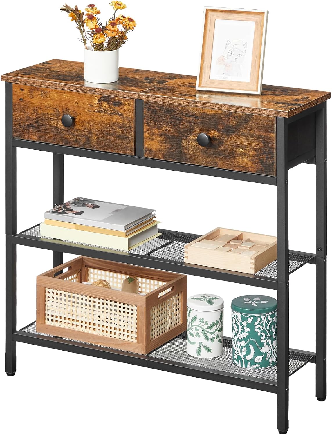 HOOBRO 75 cm Narrow Console Table with 2 Fabric Drawers, 3-Tier Entryway Storage Table, Rustic Brown & Black