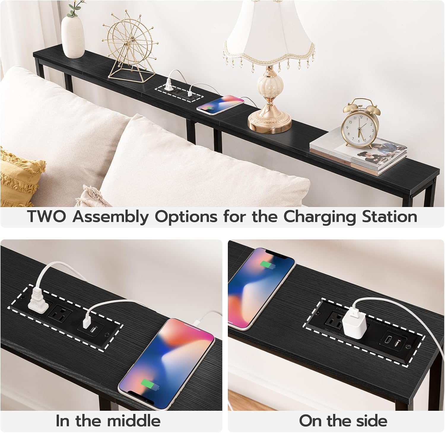 HOOBRO 63" Skinny Console Table with Charging Station, Power Outlets, USB & Type-C Ports, Black BB165UXG01G1