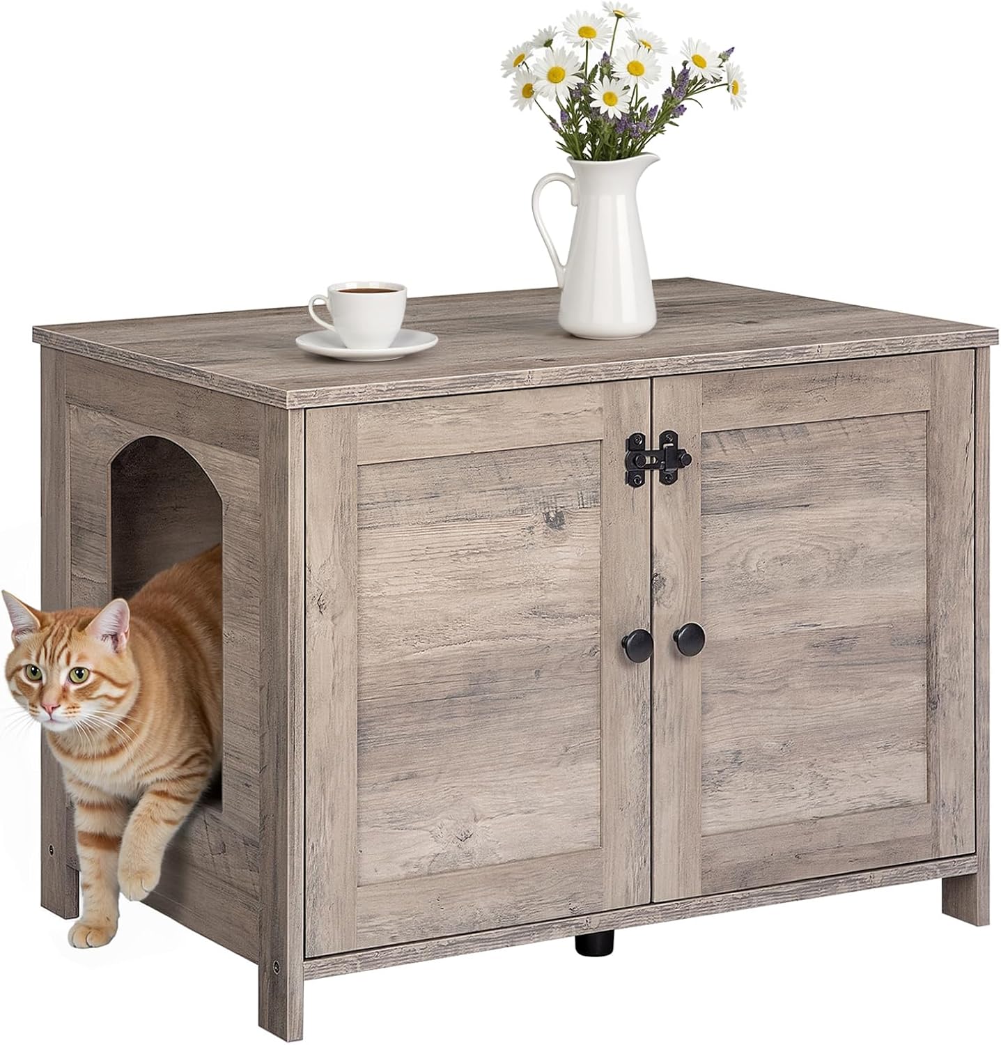HOOBRO Cat Litter Box Enclosure, Hidden Cat Washroom Furniture with Divider, Wooden Pet House End Table, Large Cat Litter Box Cabinet, Greige BG03MW01G2