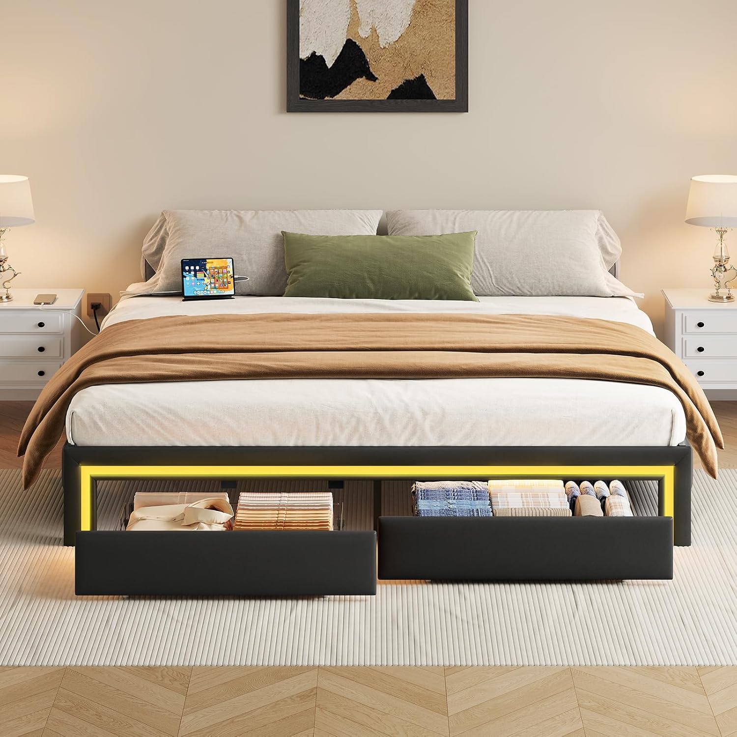 HOOBRO King Size Upholstered Metal Bed Frame with LED Light Strip, Charging Station & 2 Storage Drawers, Black BB42UDBF01