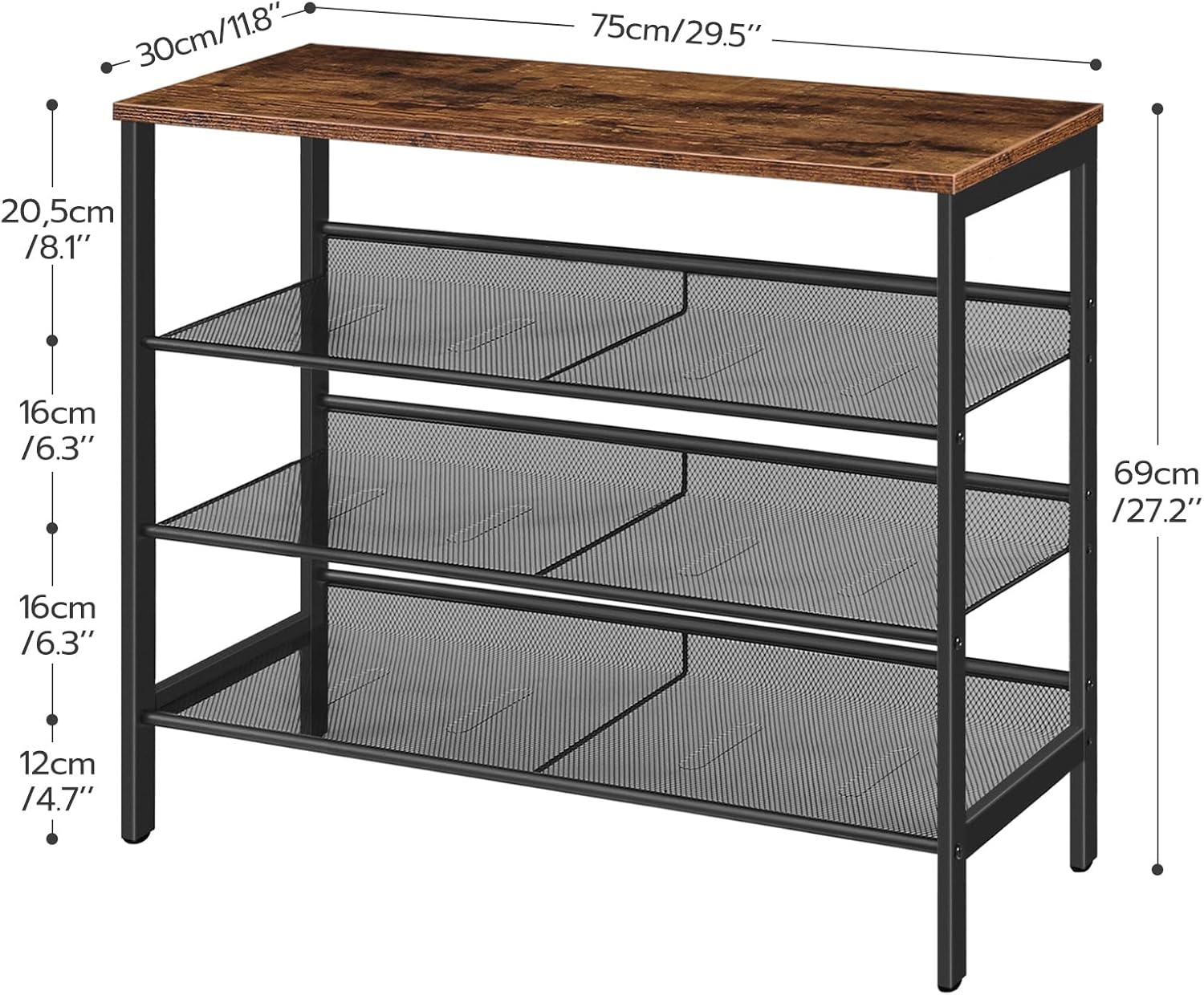 HOOBRO Industrial 4-Tier Shoe Rack with 3 Mesh Shelves and Rustic Wood Look Top, BF14XJ01