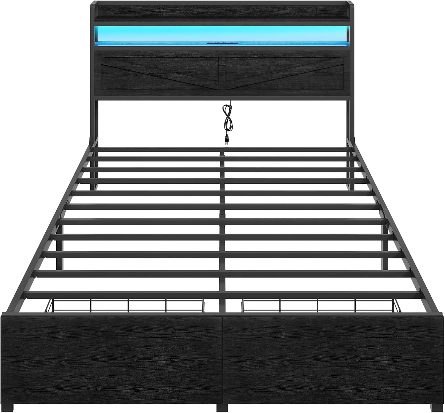 HOOBRO Full Size LED Bed Frame with Charging Station, Storage Headboard & 2 Drawers, Black