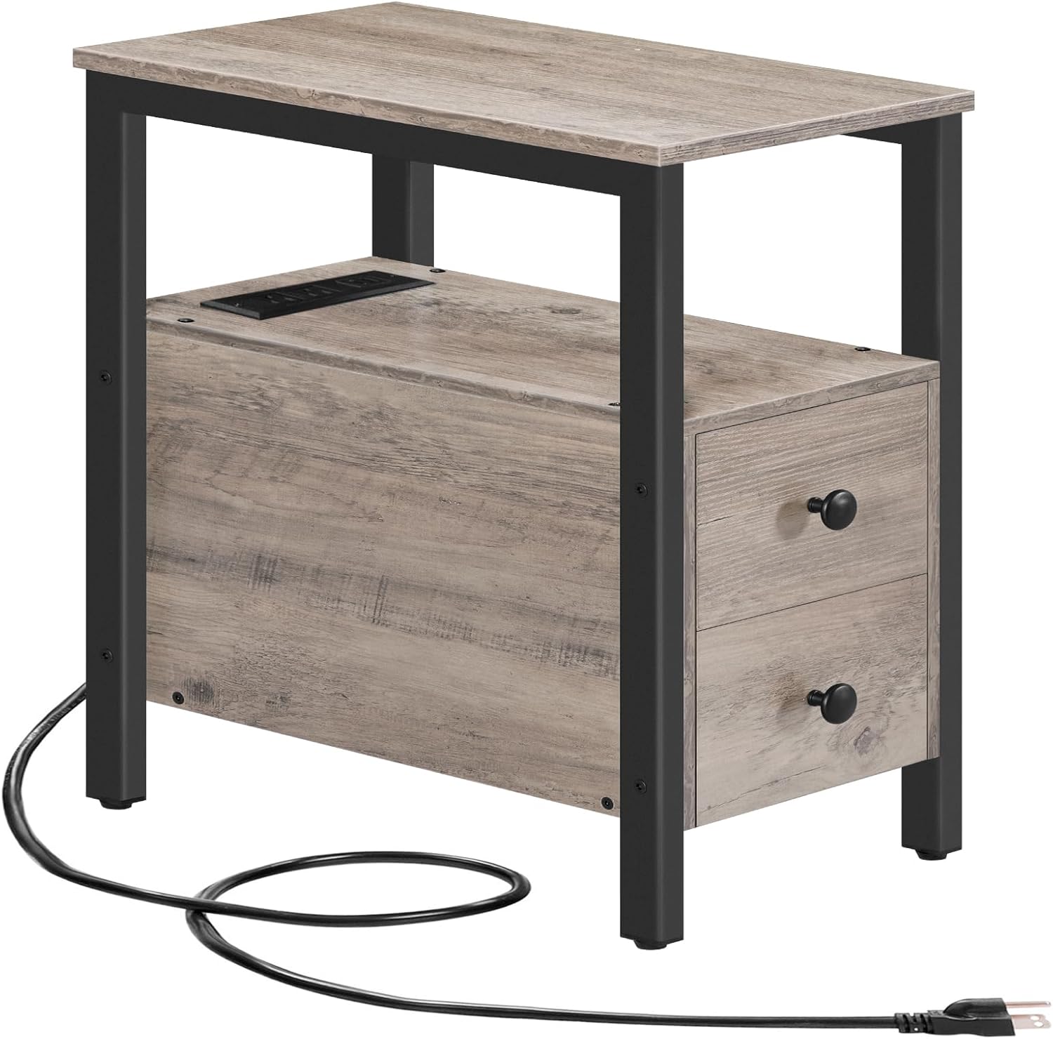 HOOBRO End Table with Charging Station, Narrow Side Table with 2 Drawers, USB & Type-C Ports, Greige & Black BG541BZ01