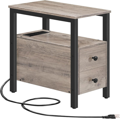HOOBRO End Table with Charging Station, Narrow Side Table with 2 Drawers, USB & Type-C Ports, Greige & Black BG541BZ01