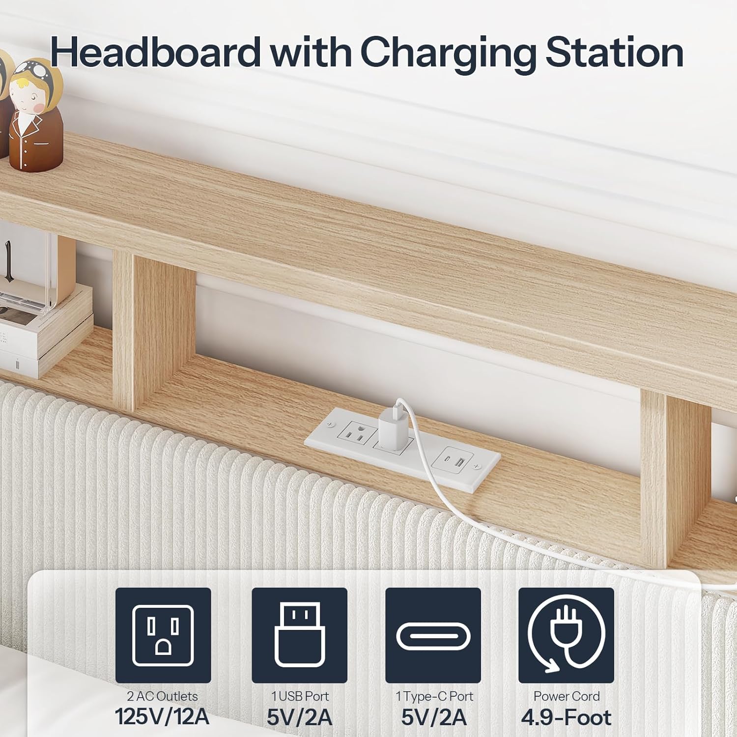 HOOBRO Full Bed Frame with Charging Station, LED Lights & Storage Headboard, Upholstered Corduroy Platform Bed, Beige