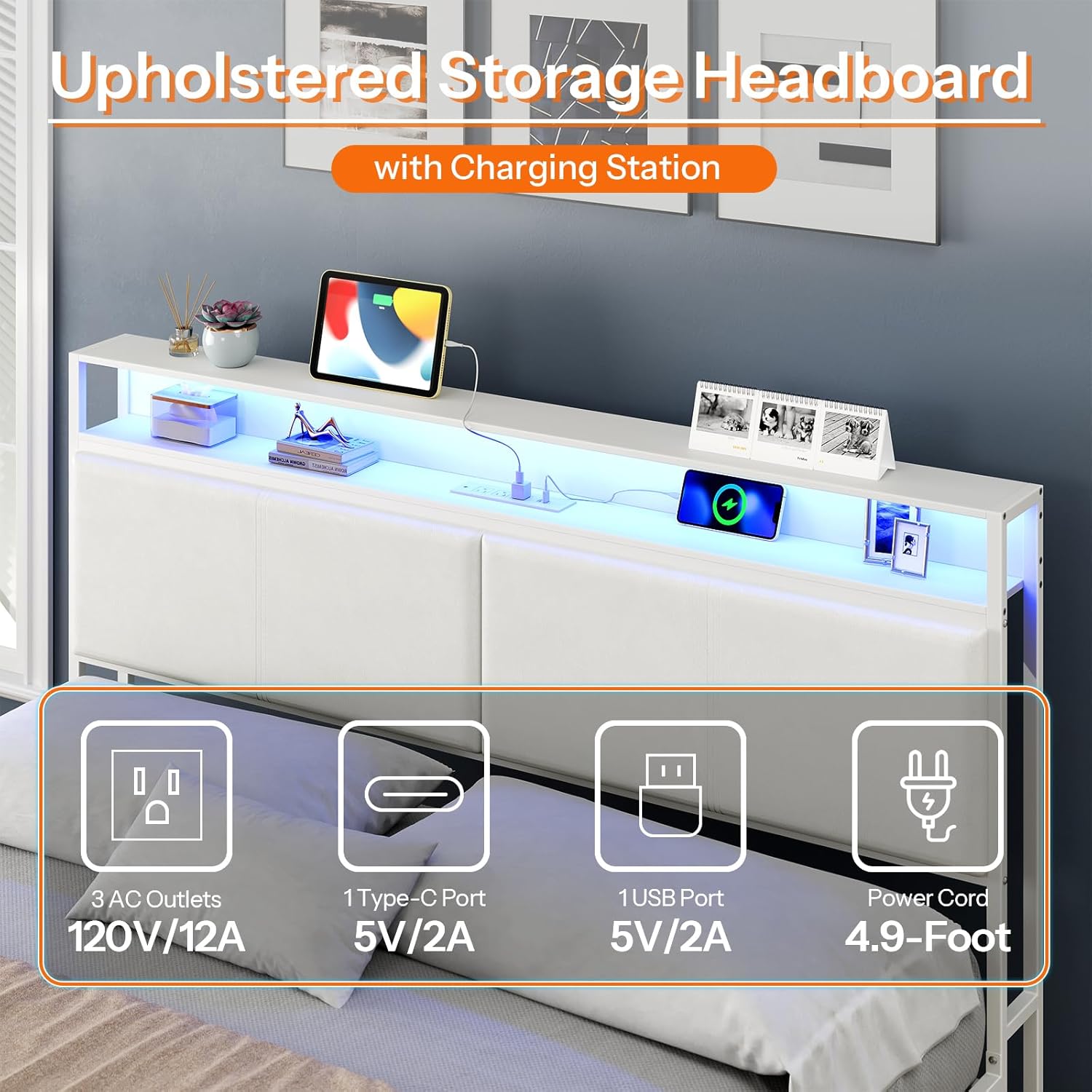 HOOBRO Queen Bed Frame with Charging Station, Storage Headboard & 16-Color LED Lights, White