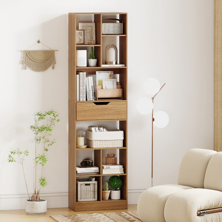71inch Tall Freestanding Bookcase with Drawer 10-Cube Storage Organizer-Natural