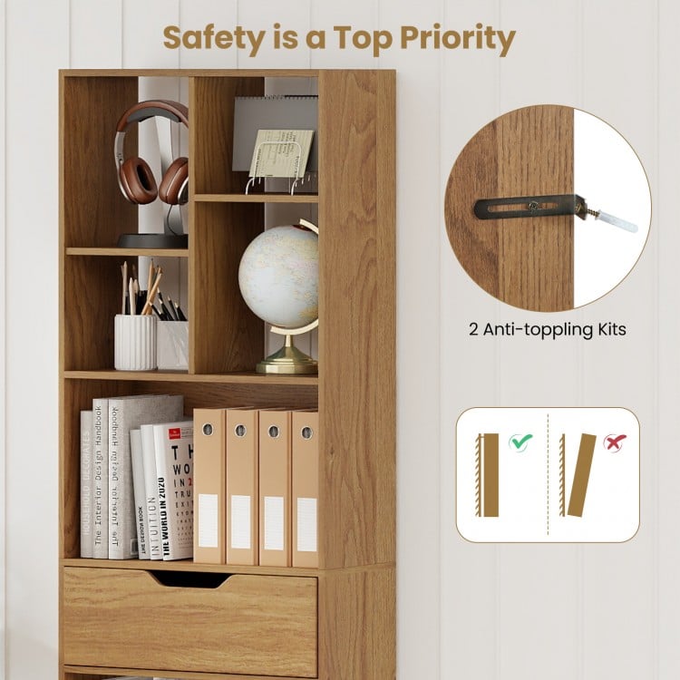 71inch Tall Freestanding Bookcase with Drawer 10-Cube Storage Organizer-Natural