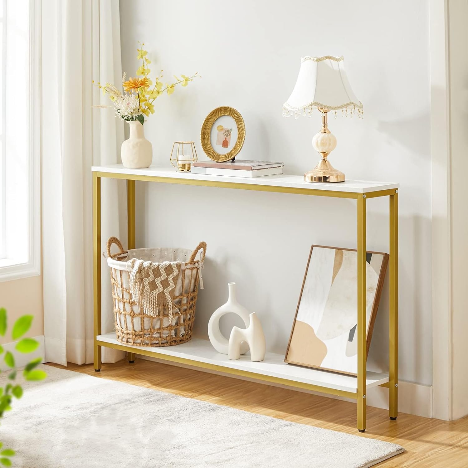 HOOBRO 120cm Console Table, 2-Tier Narrow Entryway Sofa Table with Open Storage Shelves, White & Gold