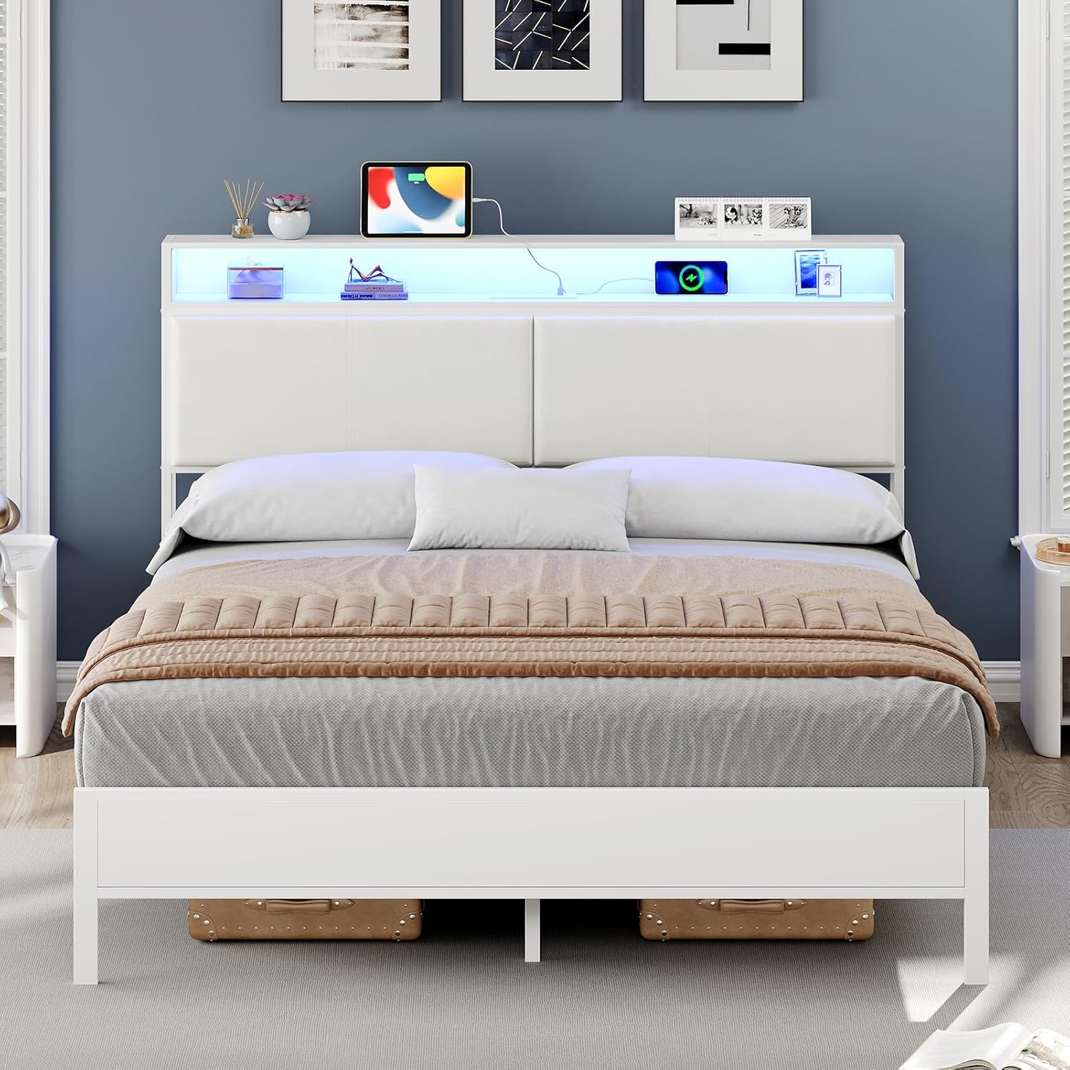 HOOBRO Queen Bed Frame with Charging Station, Storage Headboard & 16-Color LED Lights, White