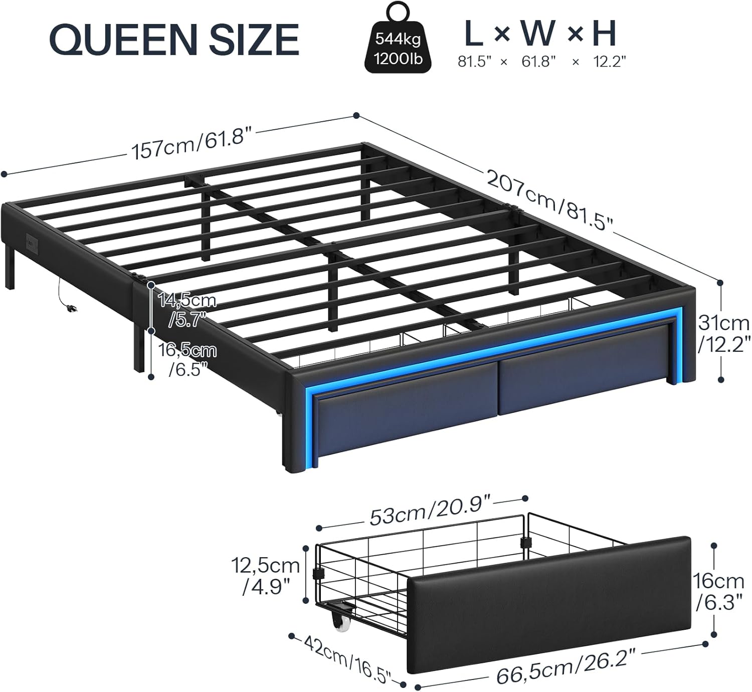 HOOBRO Queen Size Upholstered Metal Bed Frame with RGB LED Lights, Charging Station & 2 Storage Drawers, Black