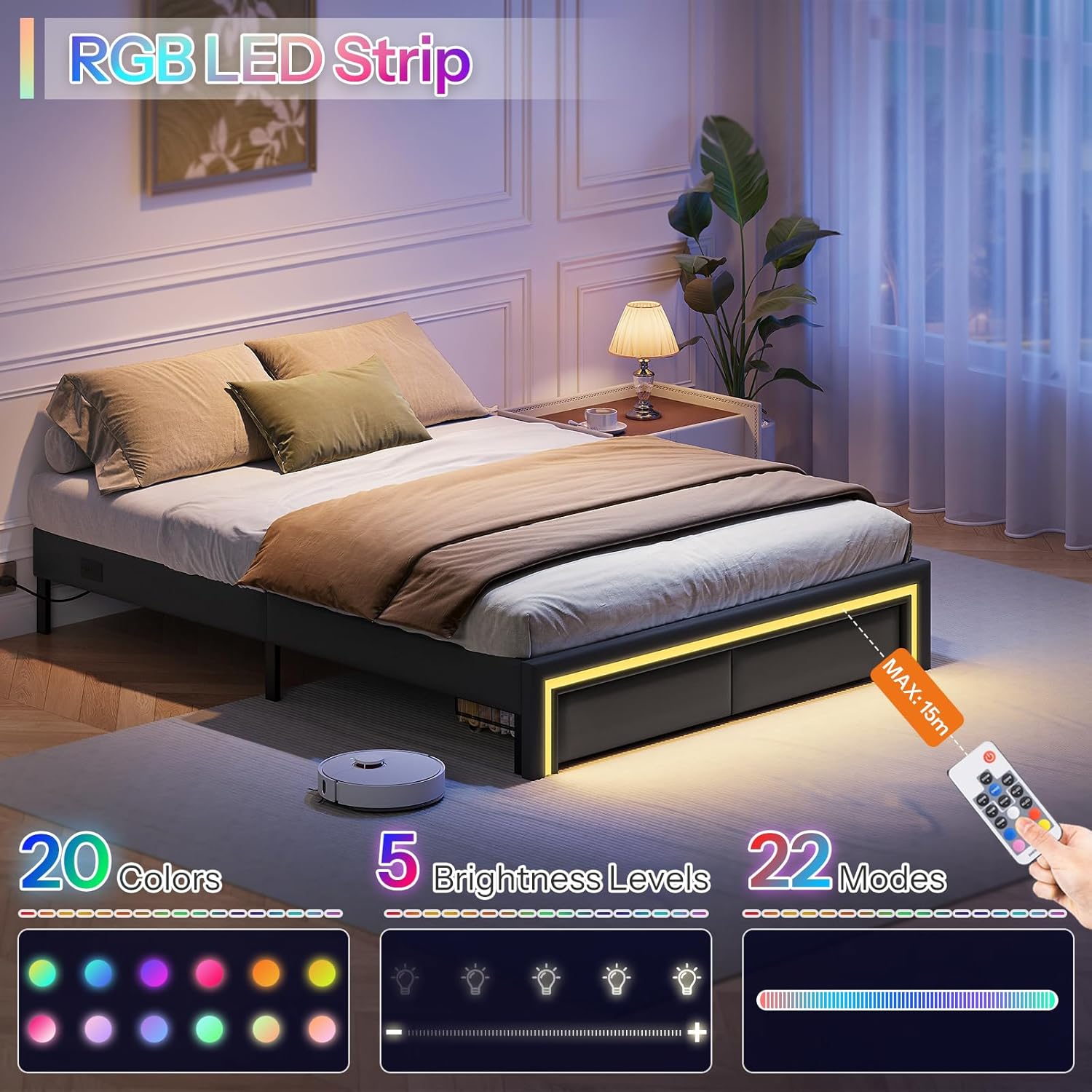 HOOBRO Queen Size Upholstered Metal Bed Frame with RGB LED Lights, Charging Station & 2 Storage Drawers, Black