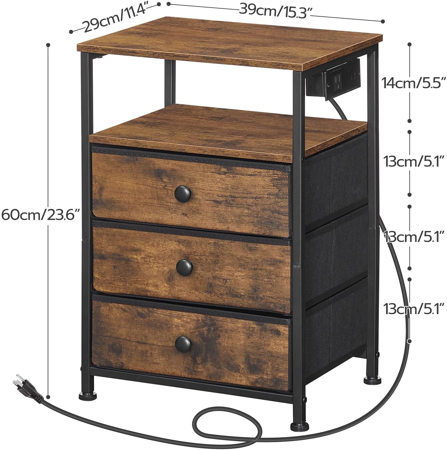 HOOBRO Bedside Table with Charging Station, Narrow Nightstand with 3 Fabric Drawers, USB & Type-C Ports, End Table with Open Storage Shelves, Rustic Brown BF403UBZ01