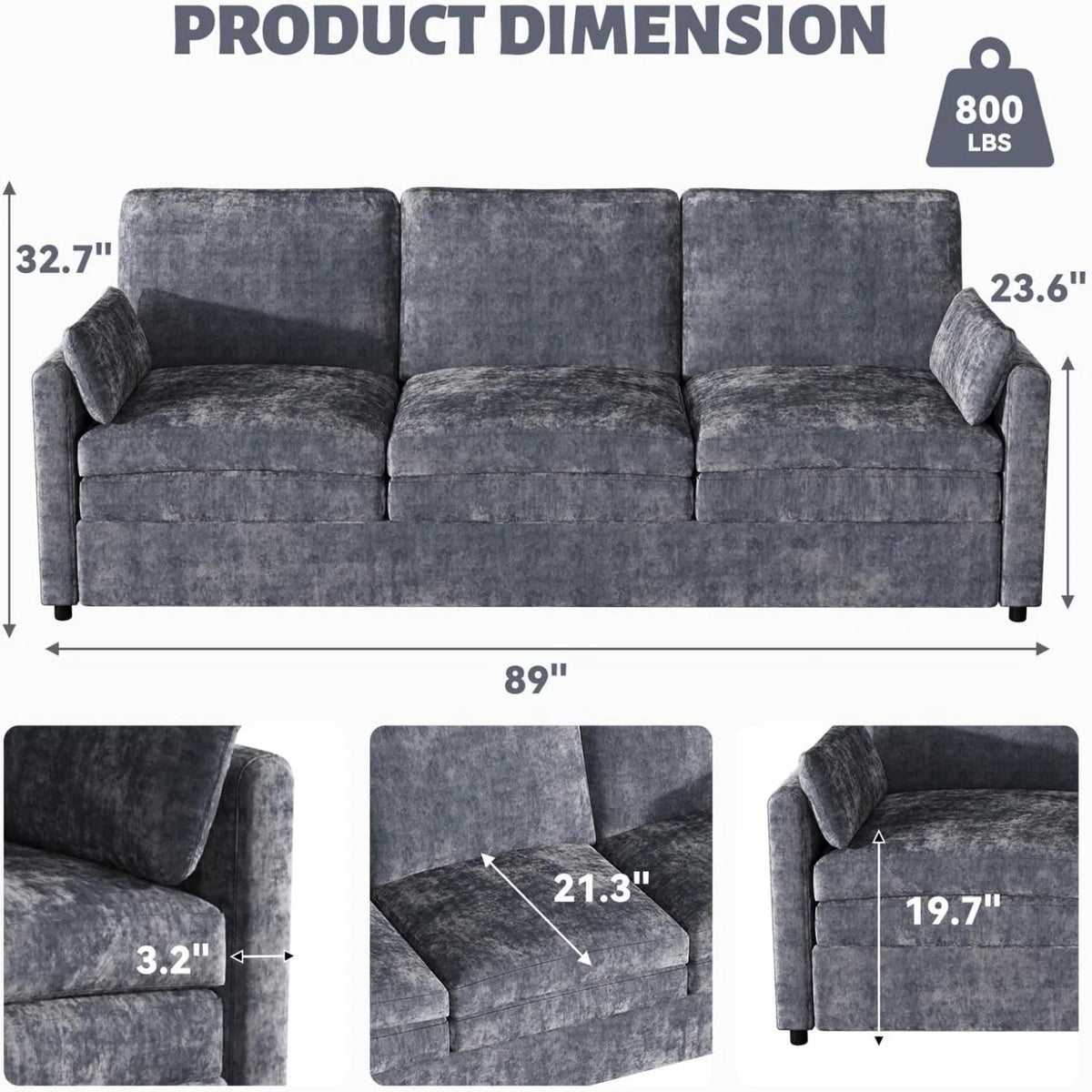 89-Inch Modern Chenille Sofa with 2 Removable Pillows, Deep Seat Cushions, Black