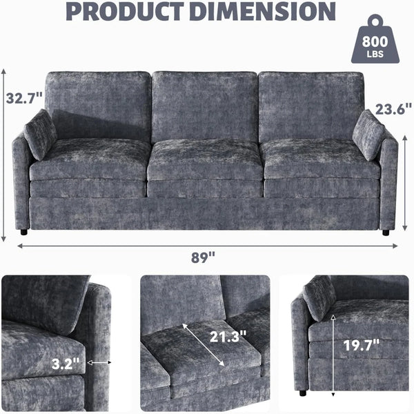 89-Inch Modern Chenille Sofa with 2 Removable Pillows, Deep Seat Cushions, Black