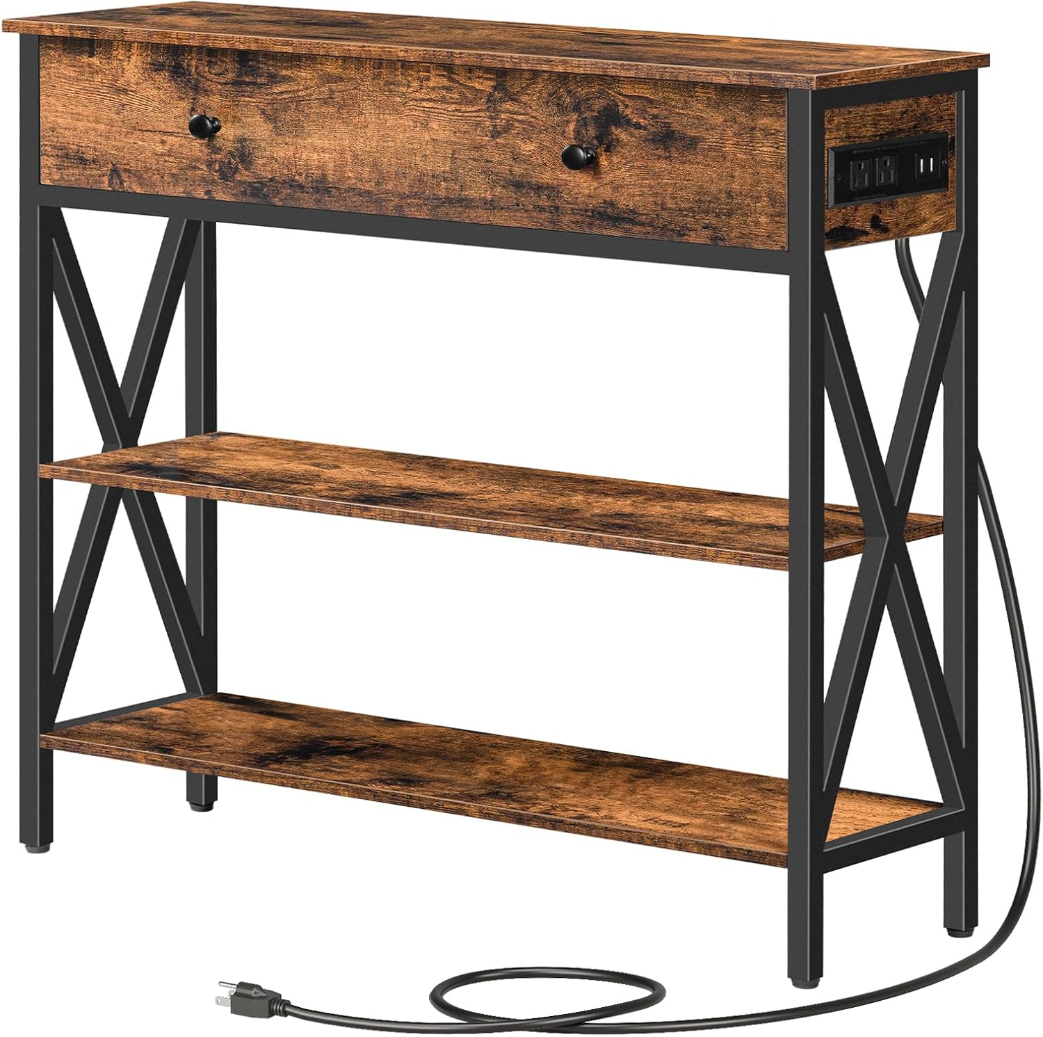 HOOBRO Console Table with Outlets and USB Ports, Narrow Entryway Table with Drawer & 2 Storage Shelves, Rustic Brown BF88XG01