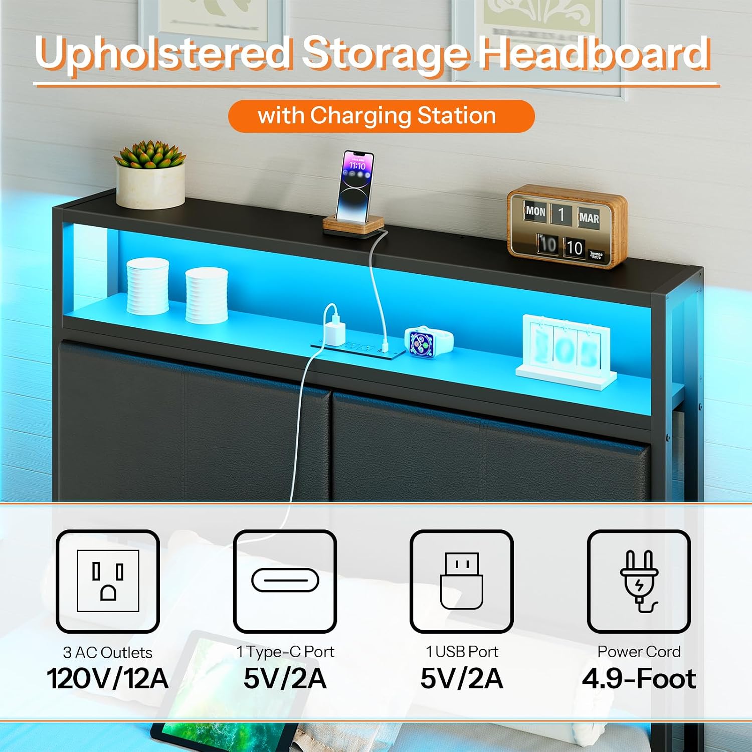 HOOBRO Twin Bed Frame with Storage Headboard, Charging Station & 16-Color LED Lights, Black