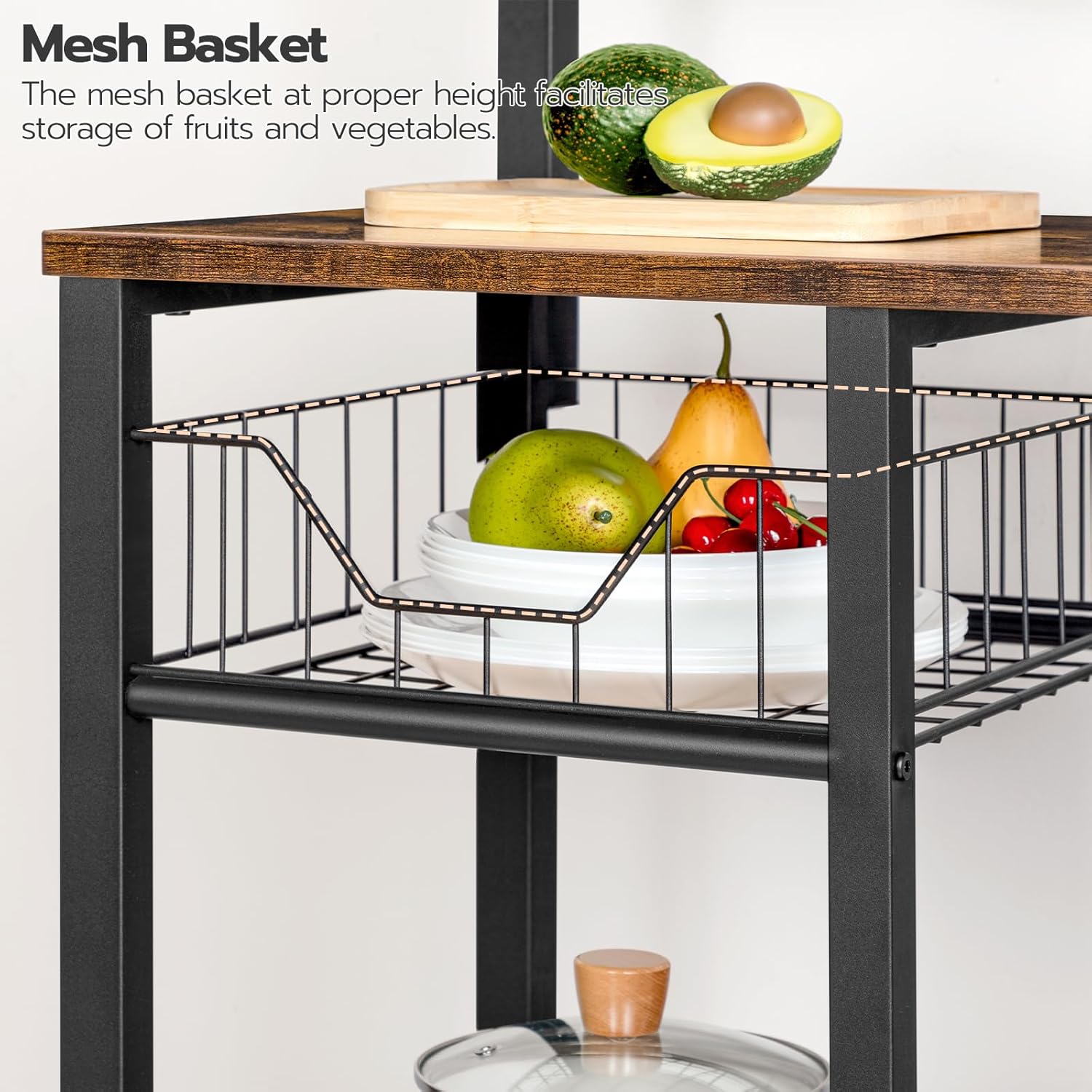 HOOBRO Kitchen Baker's Rack with Power Outlet, Coffee Bar & Microwave Stand, 6-Tier Storage Shelf with Mesh Basket and Hooks, Rustic Brown & Black