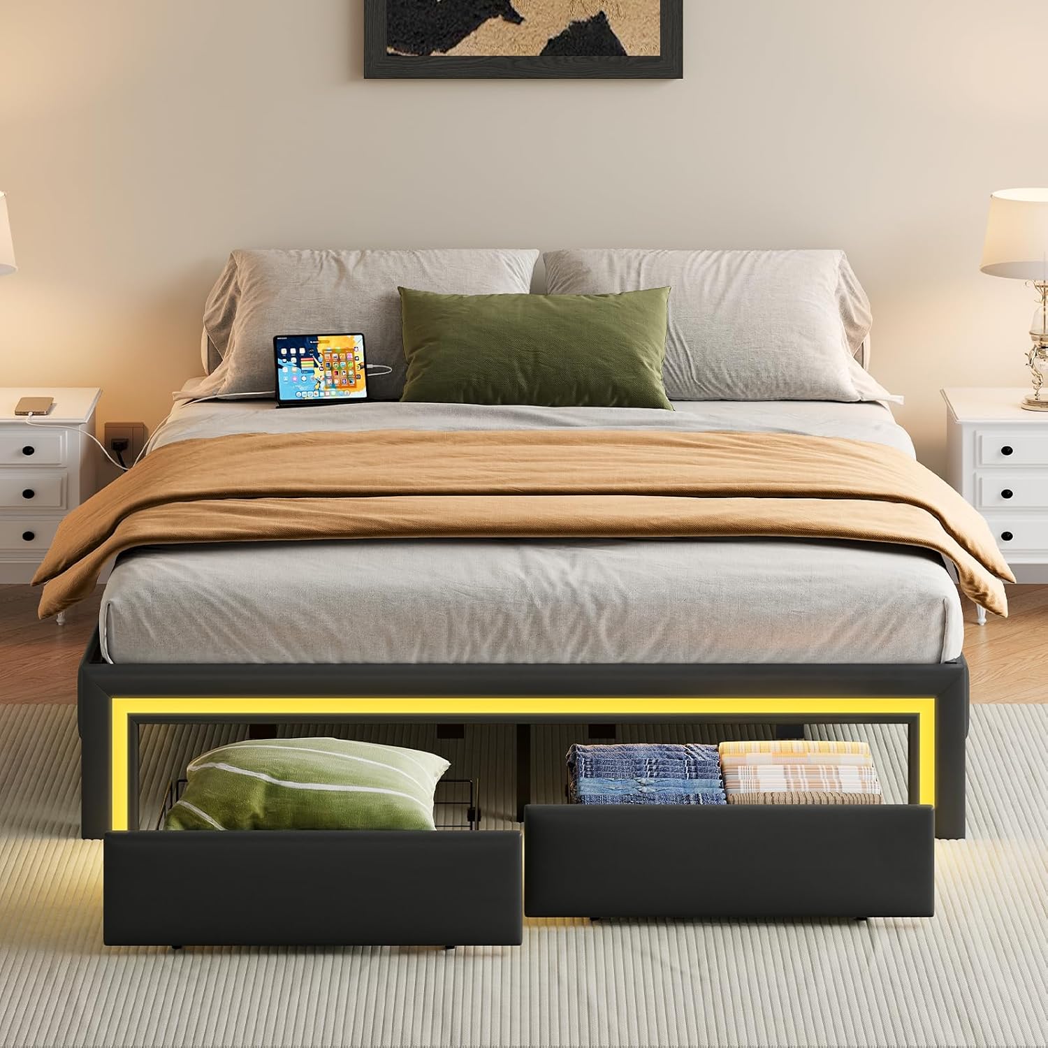 HOOBRO Queen Size Upholstered Metal Bed Frame with RGB LED Lights, Charging Station & 2 Storage Drawers, Black