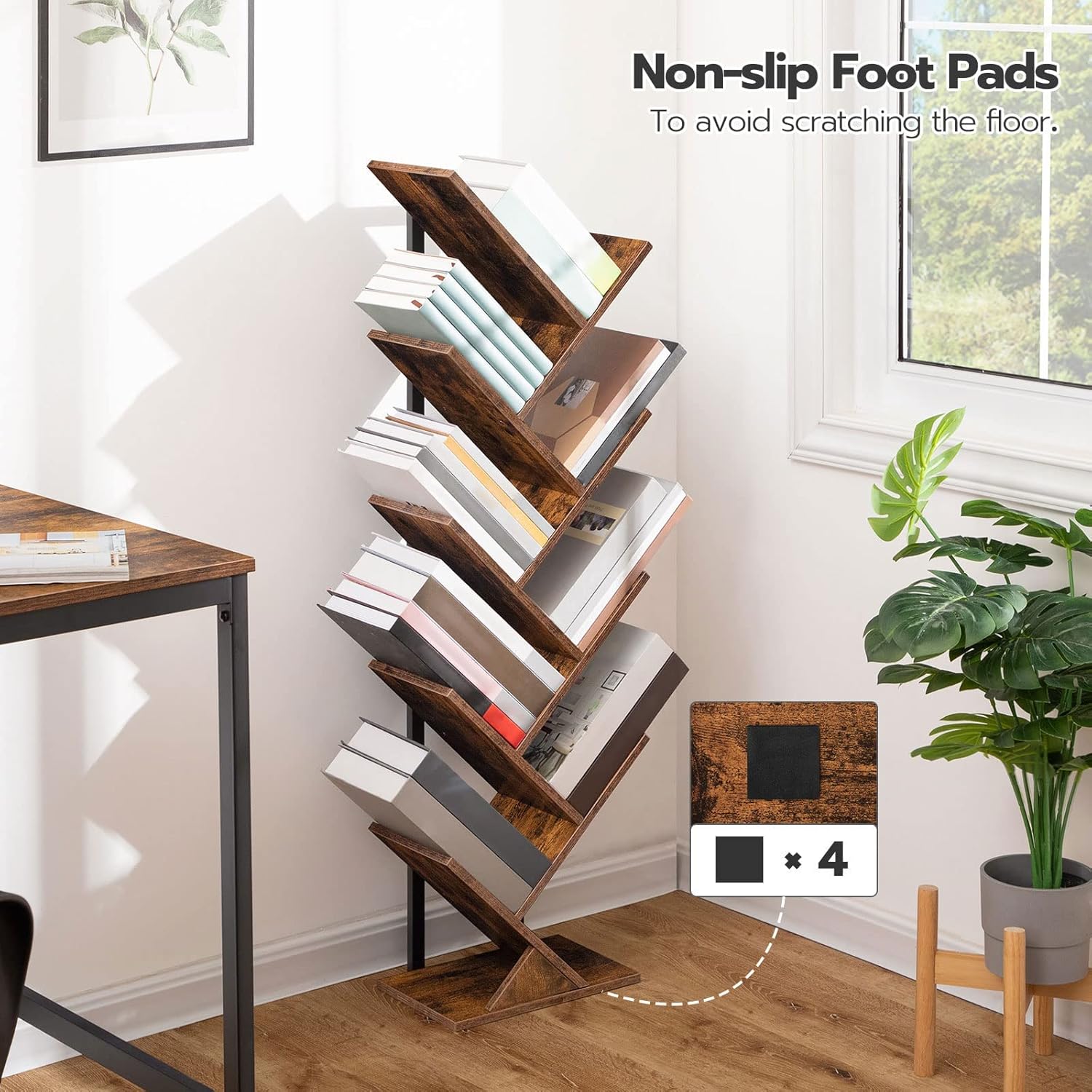 HOOBRO 9-Tier Tree Bookshelf, Freestanding Wooden Bookcase Storage Rack, Rustic Brown BF08SJ01G1
