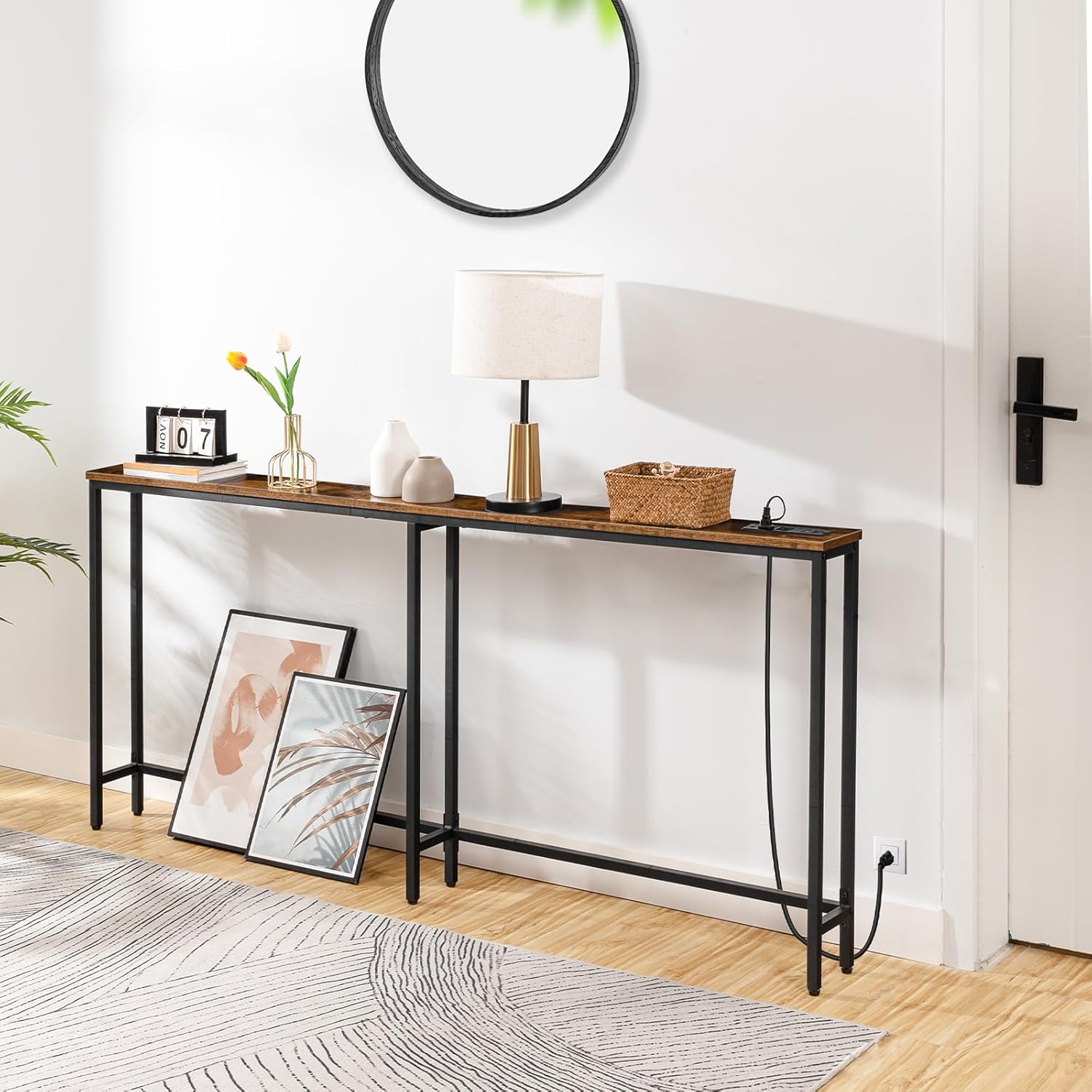 HOOBRO 70.9" Skinny Console Table with Charging Station, Narrow Sofa Table with USB & Type-C Ports, Rustic Brown