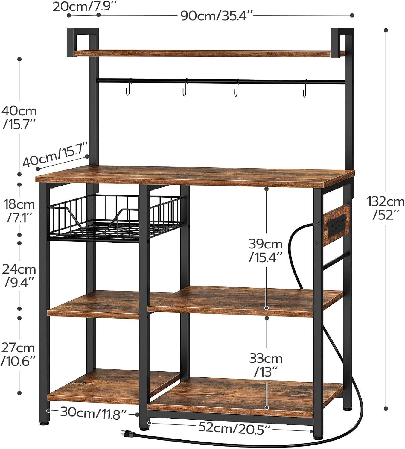 HOOBRO Kitchen Baker's Rack with Power Outlet, Coffee Bar & Microwave Stand, 6-Tier Storage Shelf with Mesh Basket and Hooks, Rustic Brown & Black