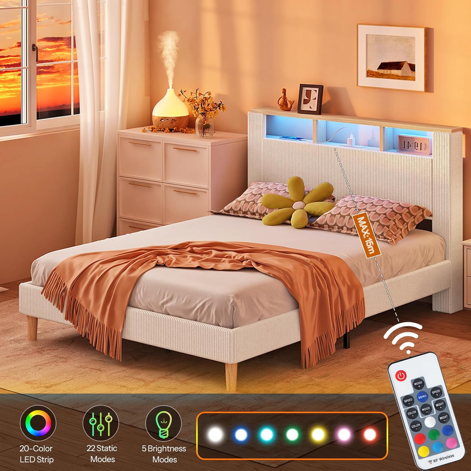 HOOBRO Full Bed Frame with Charging Station, LED Lights & Storage Headboard, Upholstered Corduroy Platform Bed, Beige