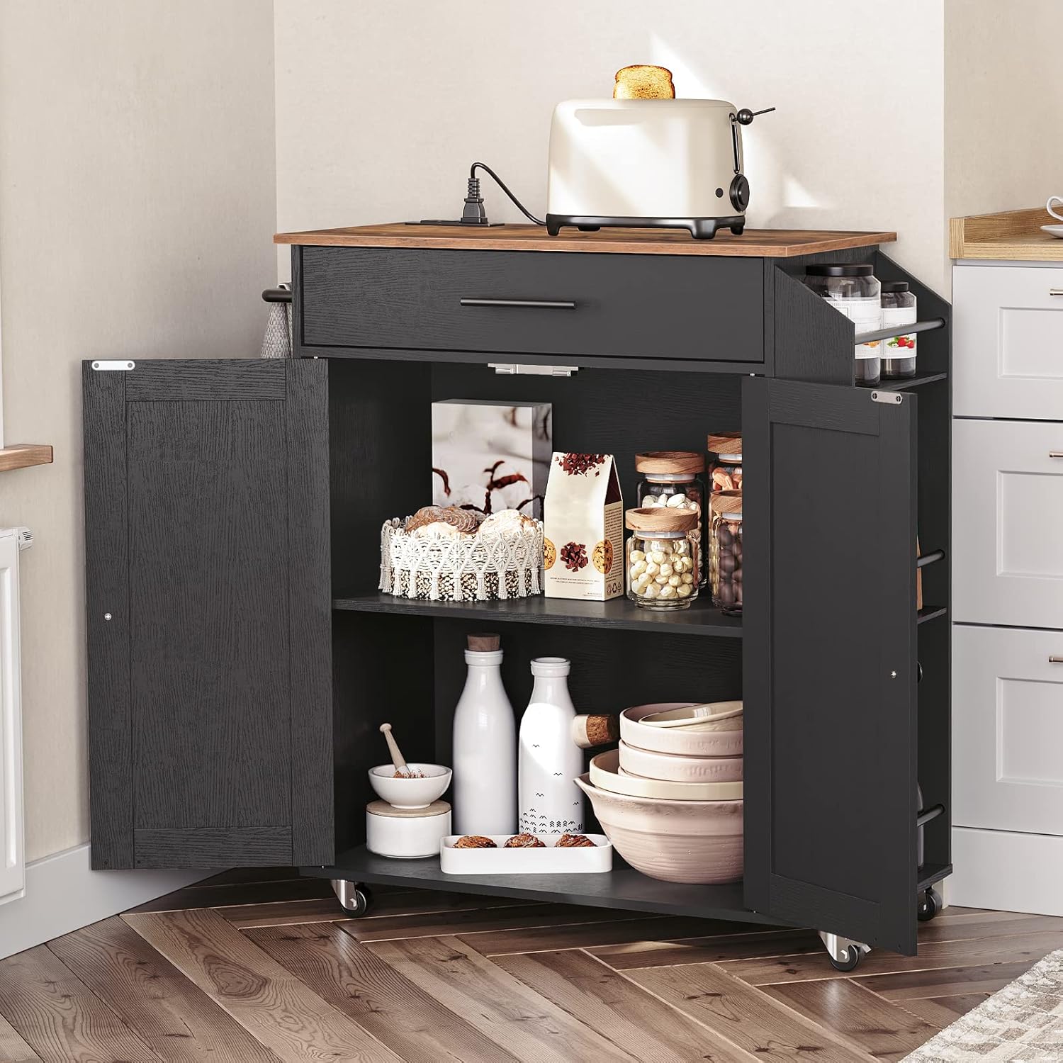 HOOBRO Kitchen Island Cart with Power Outlet, Rolling Kitchen Storage Cabinet with Drawer, Spice Rack & Adjustable Shelf, Rustic Brown BF82UZD01G1