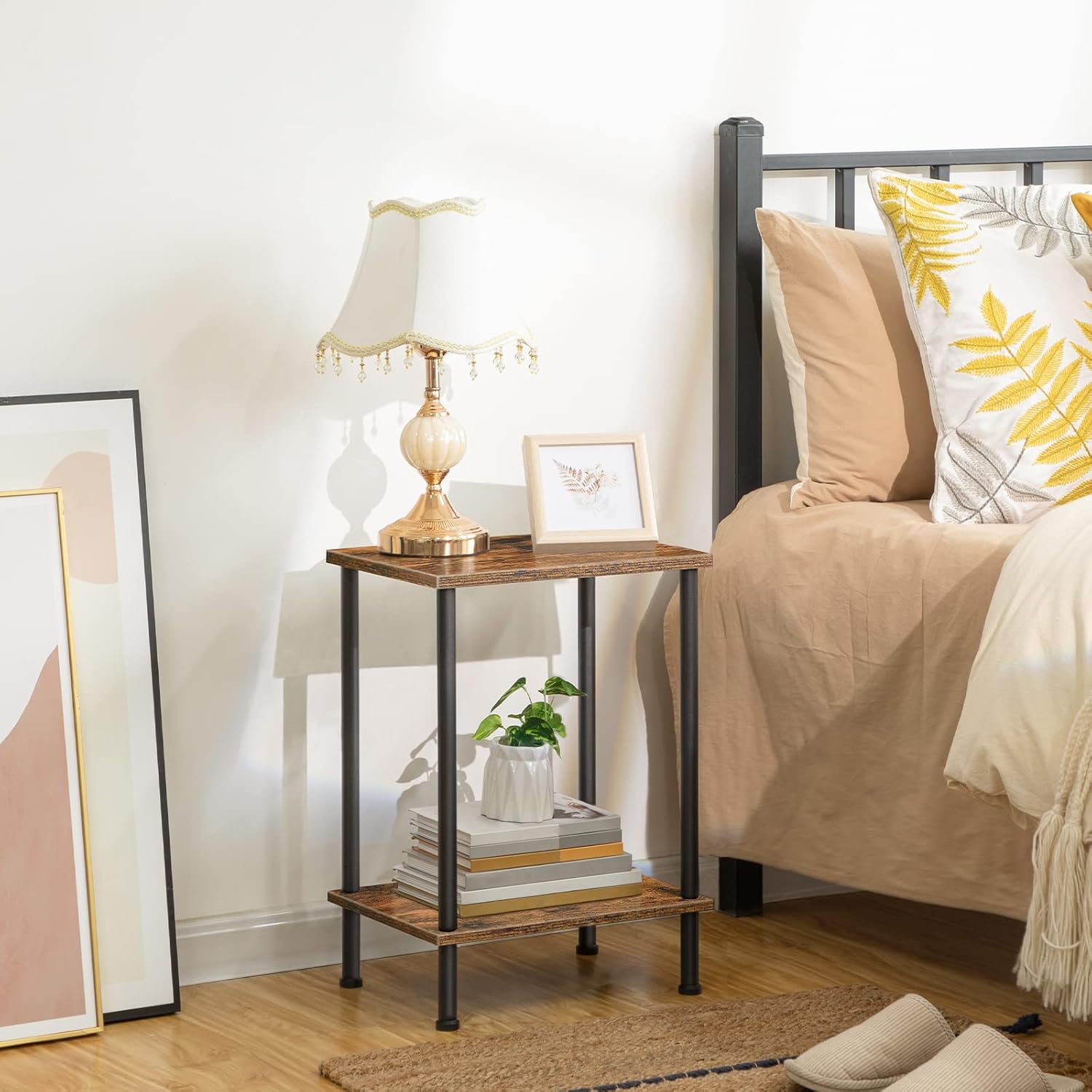 HOOBRO Industrial End Table with 2-Tier Storage Shelves, Rustic Brown Nightstand for Small Spaces, BF09BZ01