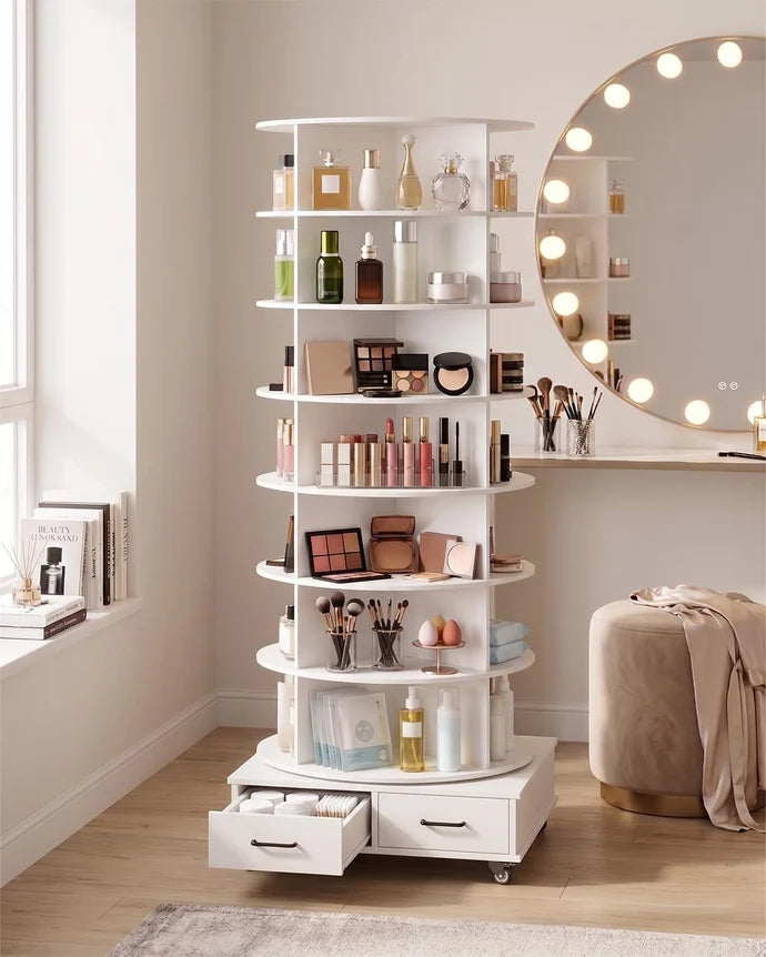 AECOJOY 8-Tier Rotating Shoe Rack with 2 Drawers & 4 Lockable Casters