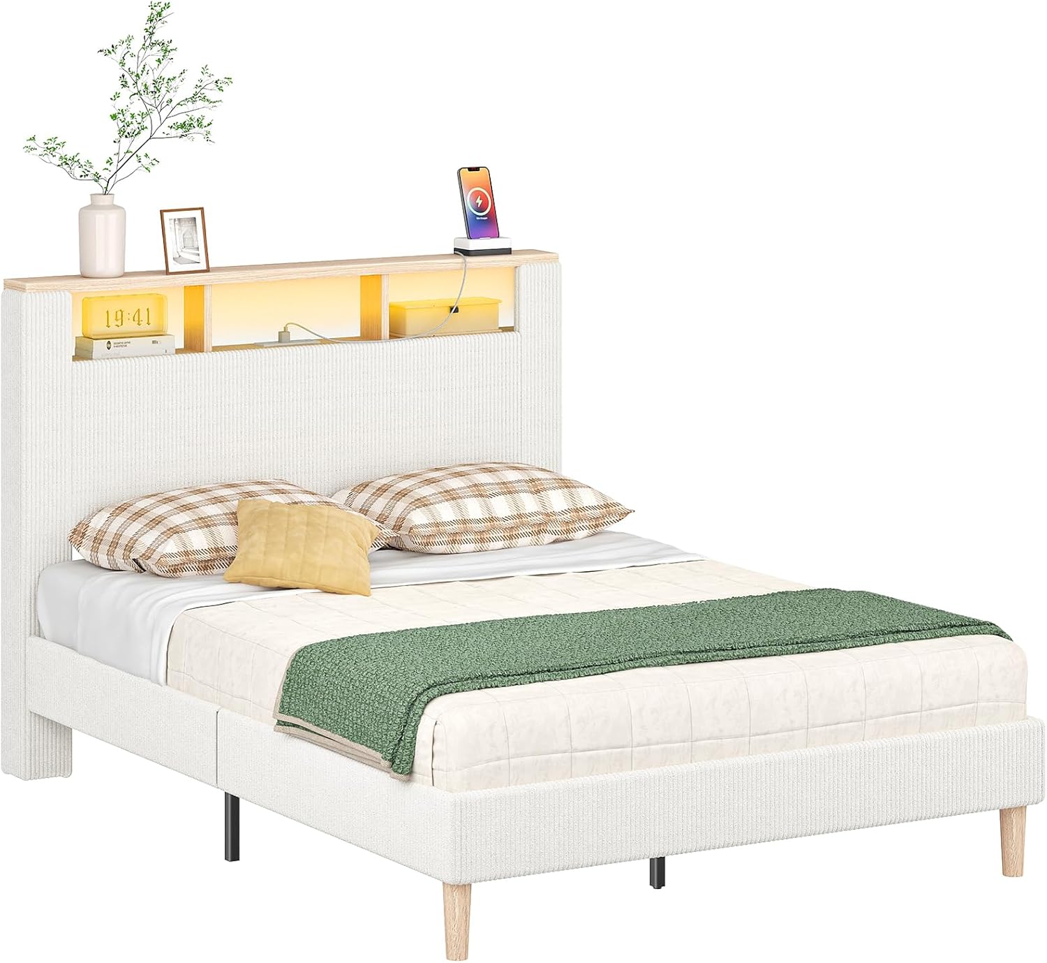 HOOBRO Full Bed Frame with Charging Station, LED Lights & Storage Headboard, Upholstered Corduroy Platform Bed, Beige