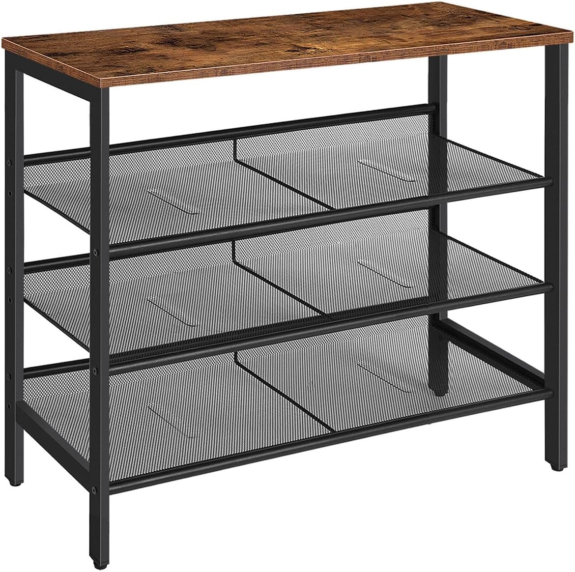 HOOBRO Industrial 4-Tier Shoe Rack with 3 Mesh Shelves and Rustic Wood Look Top, BF14XJ01