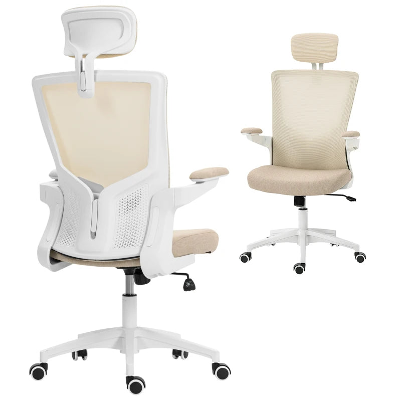 Ergonomic Office Chair, Swivel Desk Chair with Adjustable Lumbar Support, Headrest and Height, Flip-up Armrests, Beige