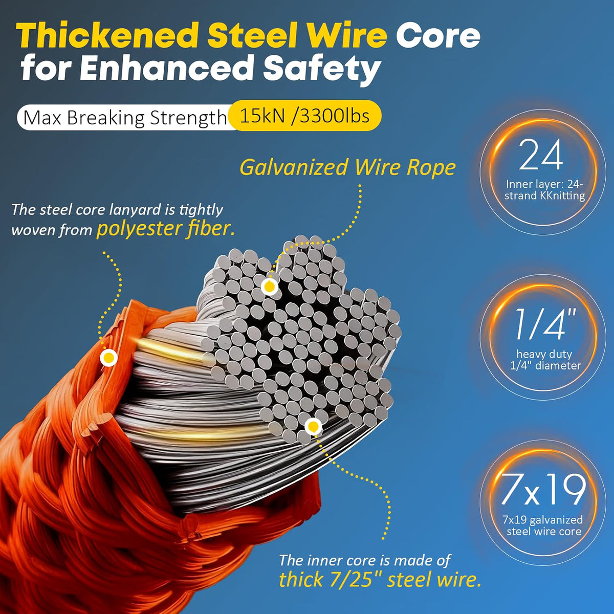 Steel Core Flip Line 1/2" x 16ft – Tree Climbing Lanyard with Triple-Lock Carabiner & Swivel Snap